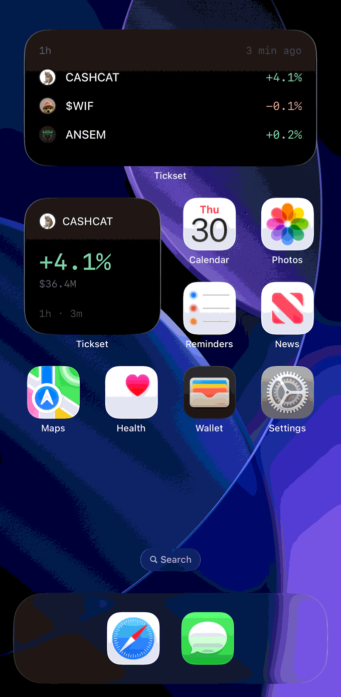 iPhone home screen with the Tickerset medium and small widgets among the usual app icons
